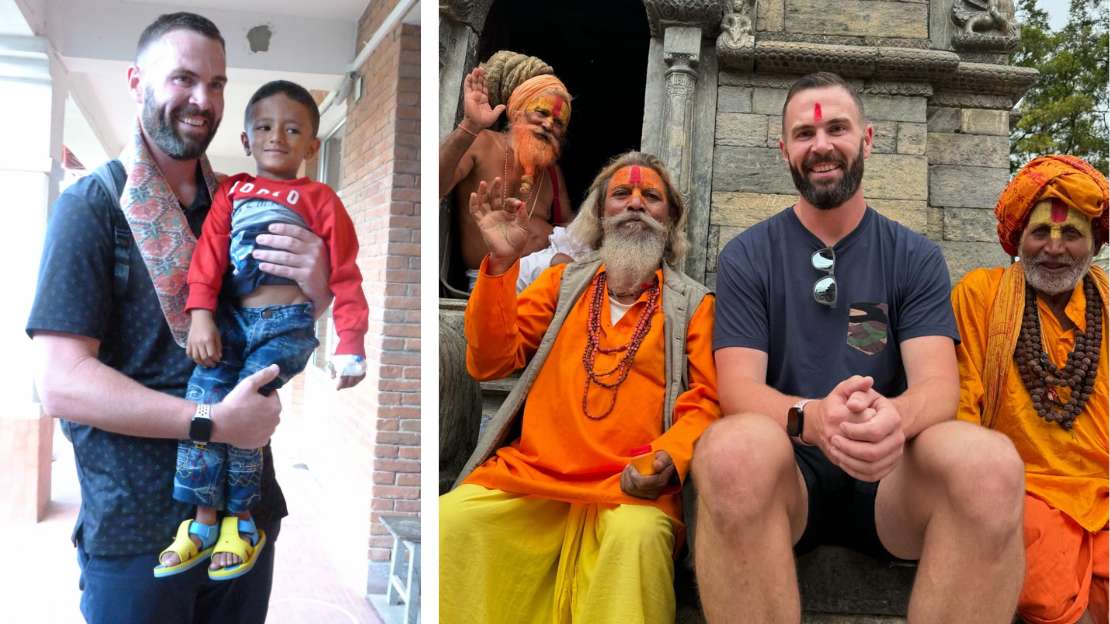 A split image showing two photos of a tall white man visiting with local people in Nepal.