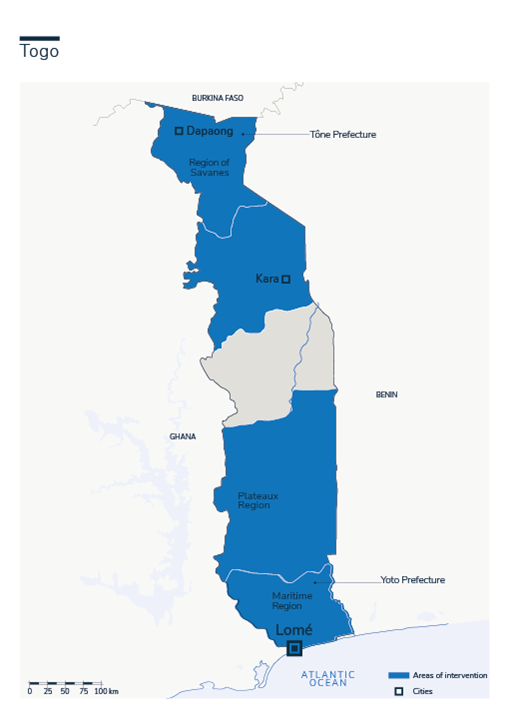 Map of HI's interventions in Togo