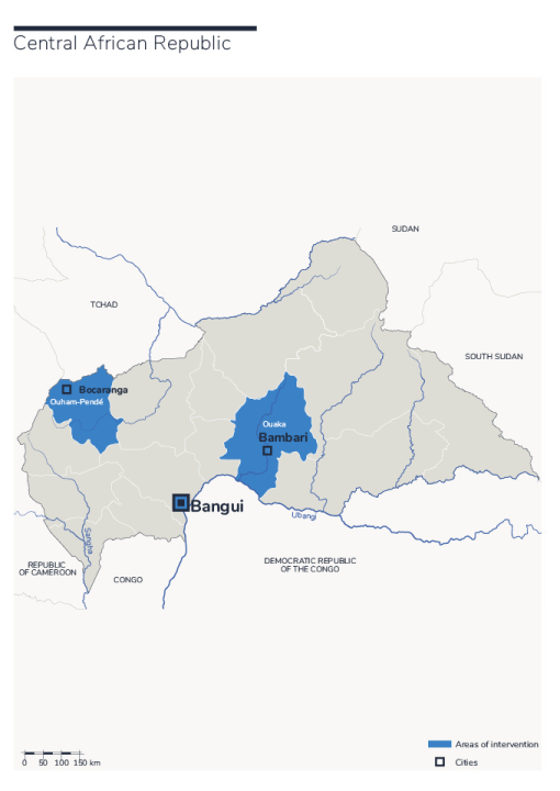 Map of Humanity & Inclusion's interventions in CAR