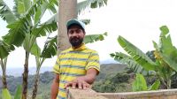 Carlos Bolaños at his home in the Cauca department. Portrait of a man leaning on a low wall and smiling at the camera. Behind him, we see banana tree branches and, in the distance, green hills.