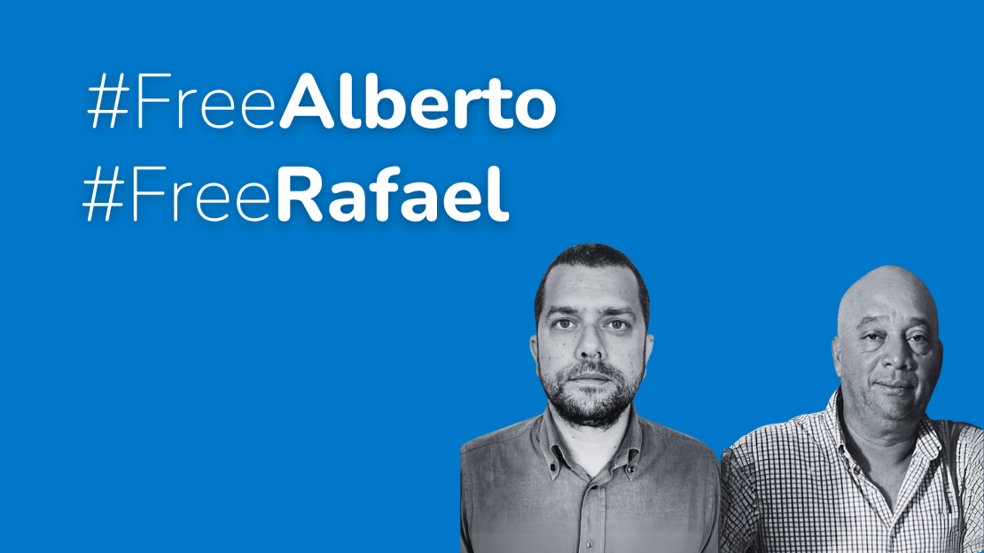 #FreeAlberto #FreeRafael Portraits of Alberto and Rafael against a blue background, accompanied by the hashtags #FreeAlberto and #FreeRafael.