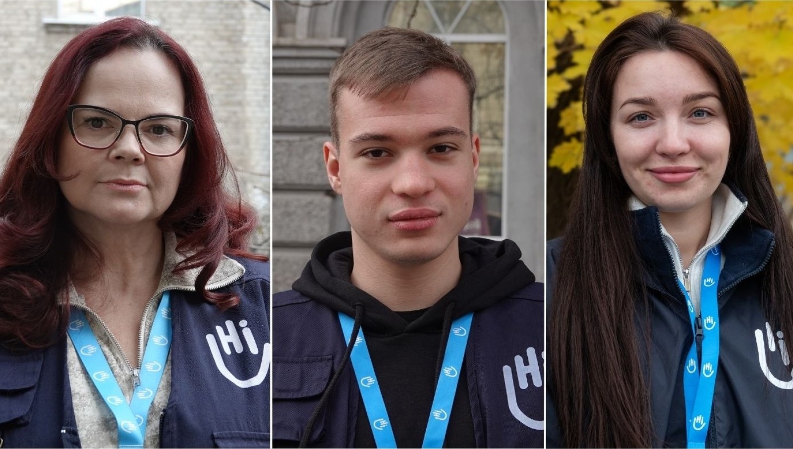 Three side-by-side portraits show members of the humanitarian organization HI. On the left, a woman with red hair and glasses wears a blue vest with the HI logo and a badge around her neck. In the center, a young man with short hair wears a black hoodie under his HI vest. On the right, a smiling young woman with long brown hair wears an HI jacket. 